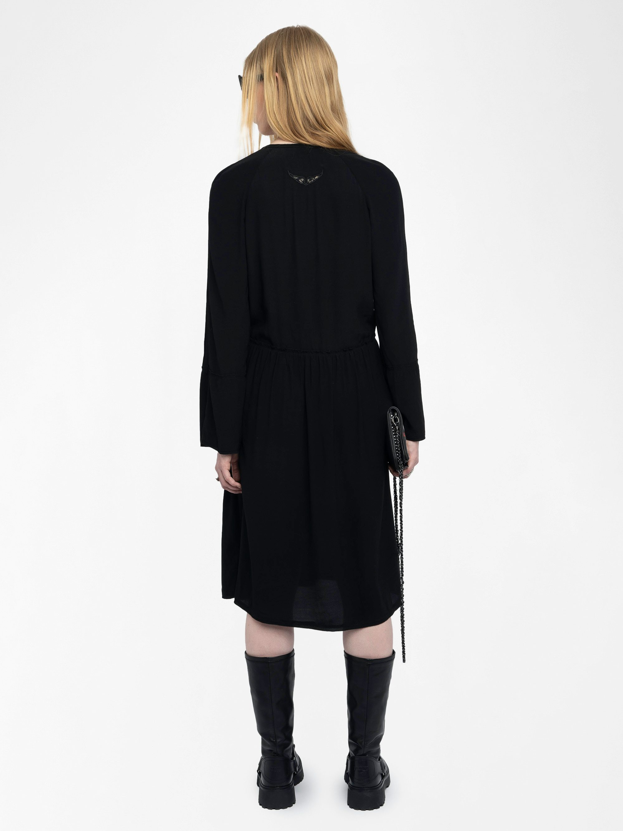 Rinas Dress - Mid-length dress in plain viscose, long sleeves, deep neckline with laced closure.